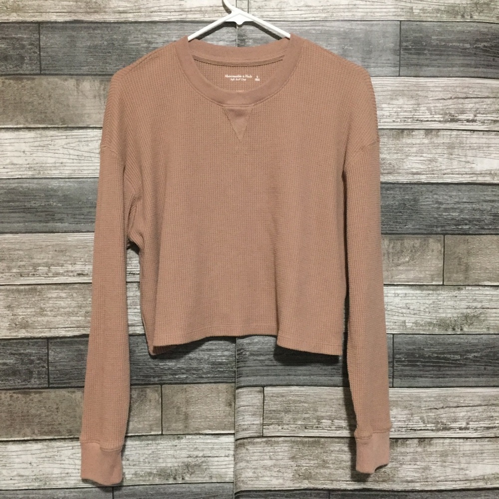 Abercrombie Cropped Waffle Knit Top Beige Long Sleeve Soft Cozy Size S